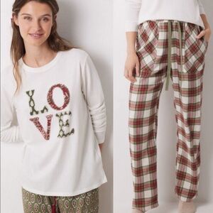 White Love Holiday Pajama Set with Top and Plaid Pants